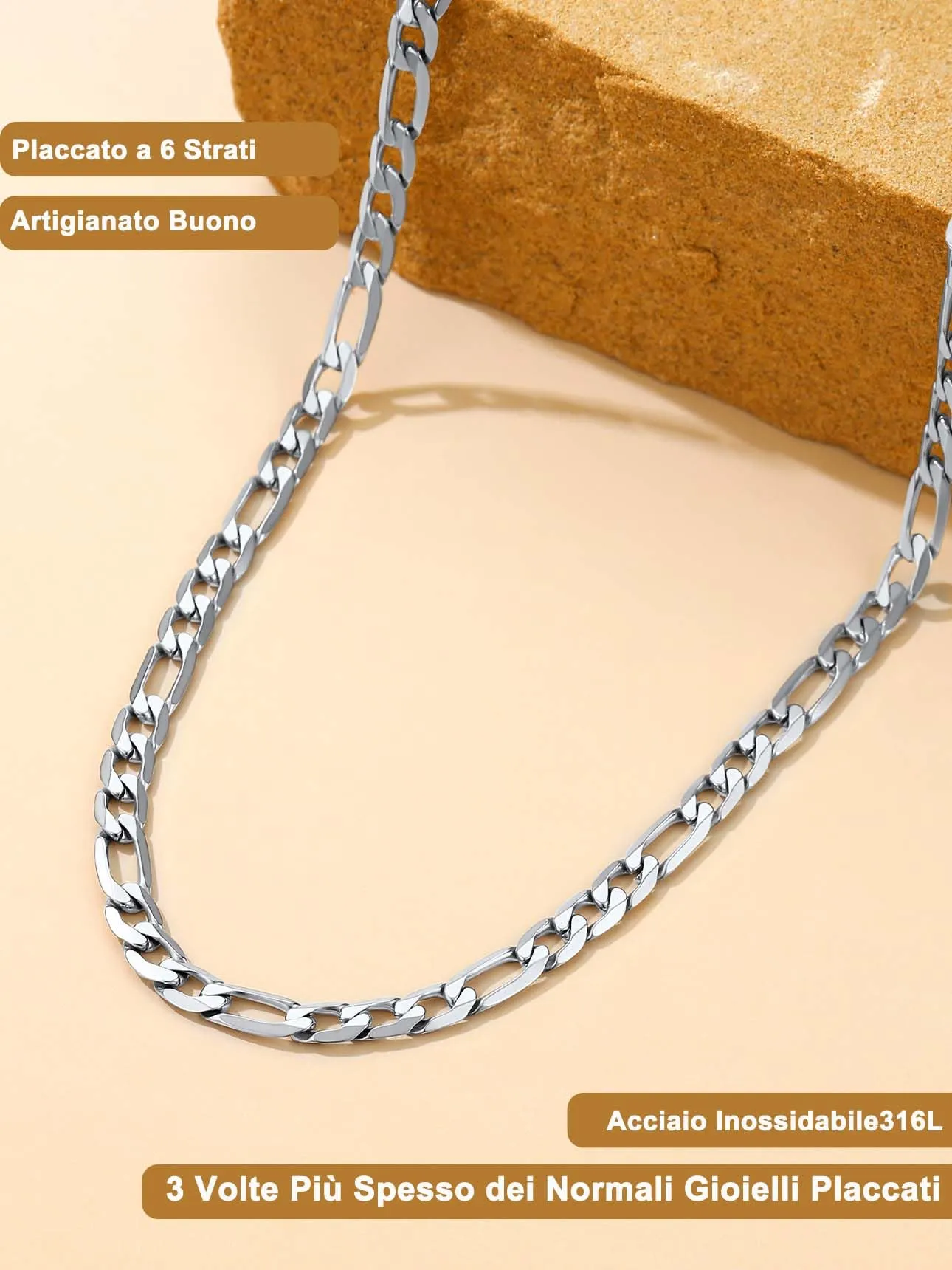 Suplight Collana Uomo in Acciaio, Maglia Figaro 4 mm, 56 cm - immagine 5