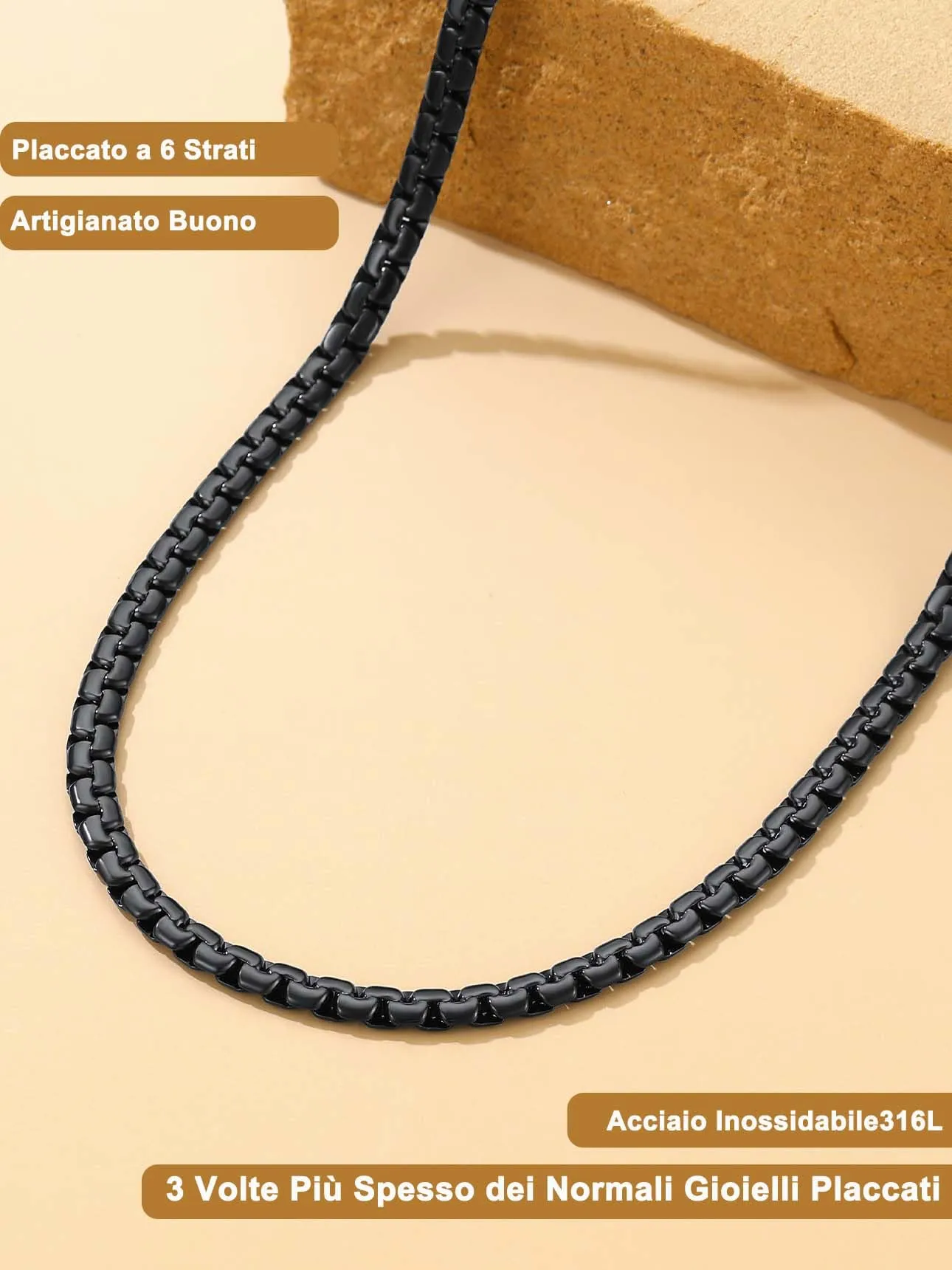 Suplight Collana a Catena Veneziana in Acciaio Inossidabile Placcato Nero, 4 mm, 76 cm - immagine 3