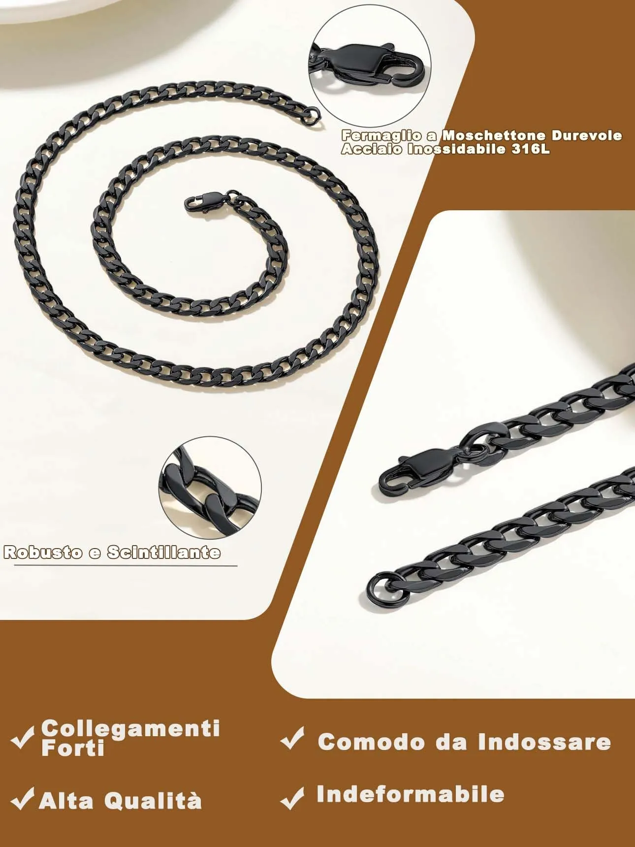 Suplight Collana a maglia cubana Miami Curb in acciaio inossidabile 4 mm placcato nero, 56 cm - immagine 4
