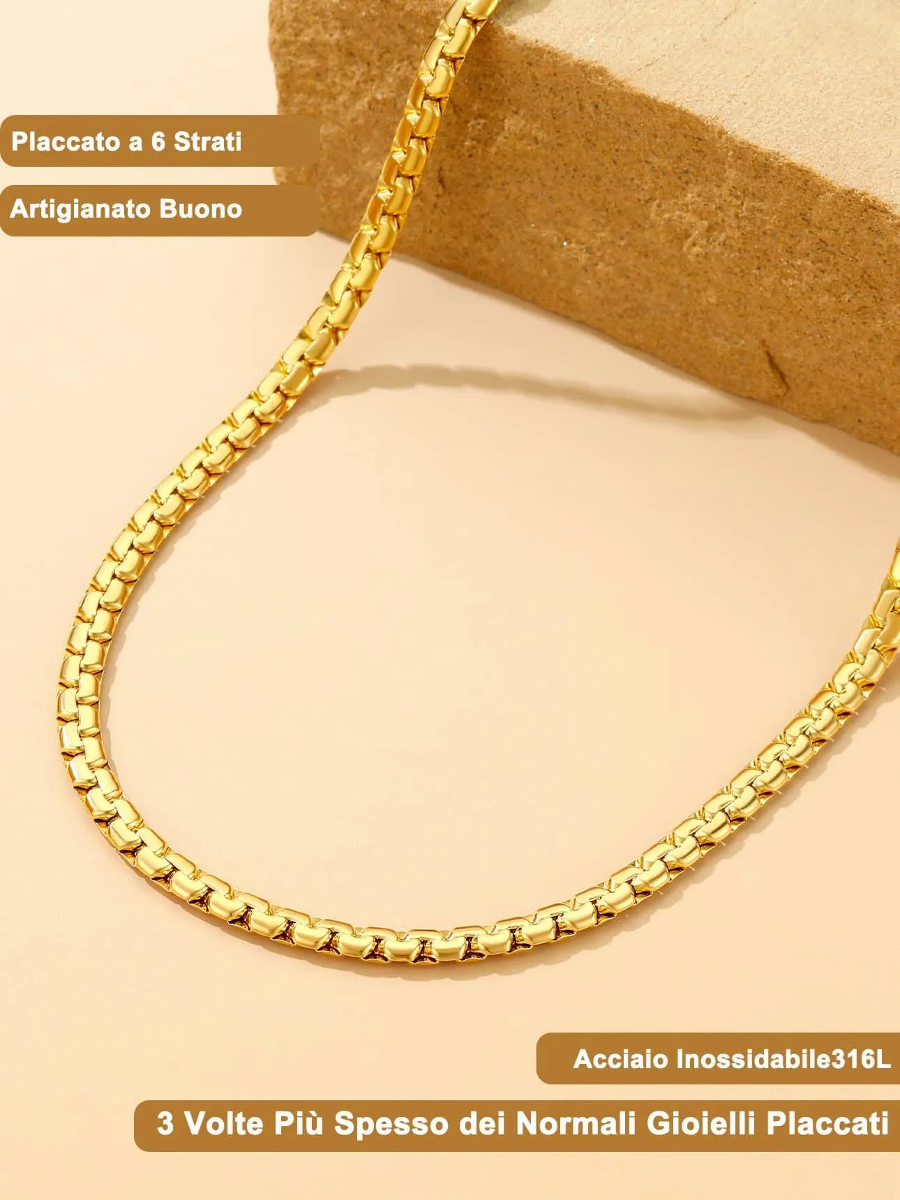 Suplight Collana Uomo Catena Veneziana in Acciaio Inossidabile Placcato Oro 18K, 4 mm, 66 cm - immagine 5