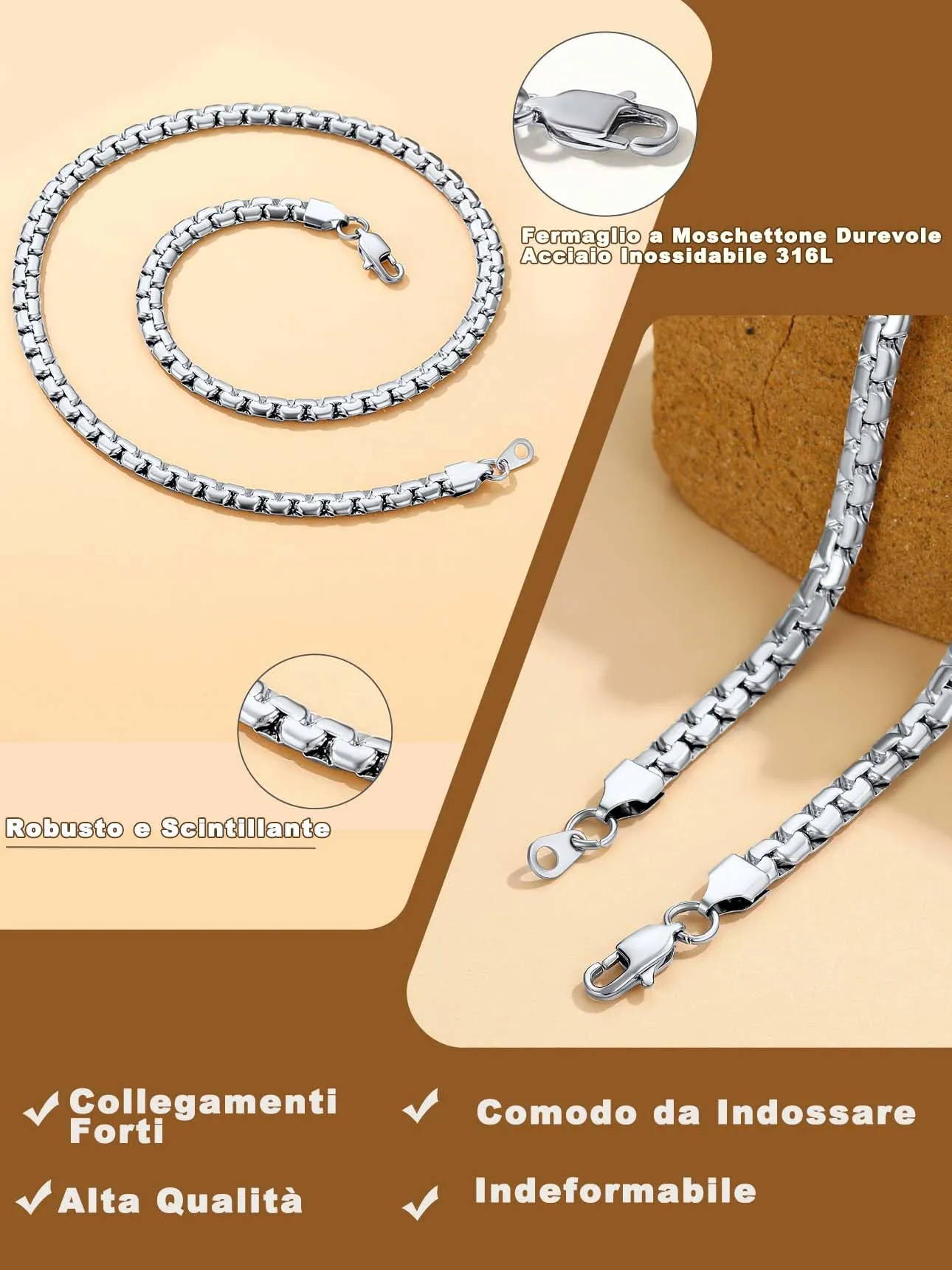 Suplight Collana Uomo a Catena Veneziana in Acciaio Inossidabile 6 mm, 76 cm - immagine 4