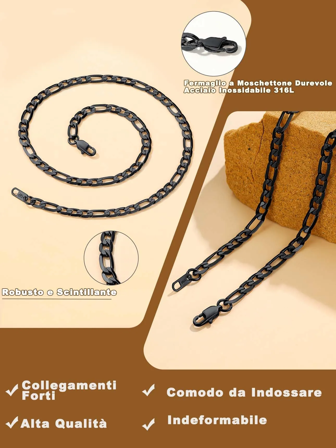 Suplight Collana Uomo Catena Figaro in Acciaio Inossidabile Placcato Nero, 9 mm, 46 cm - immagine 4