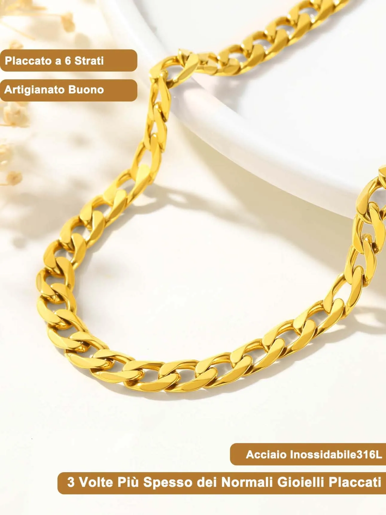 Suplight Collana Uomo Catena Cubana Miami Curb in Acciaio Inossidabile Placcato Oro 18K, 4 mm, 51 cm - immagine 5
