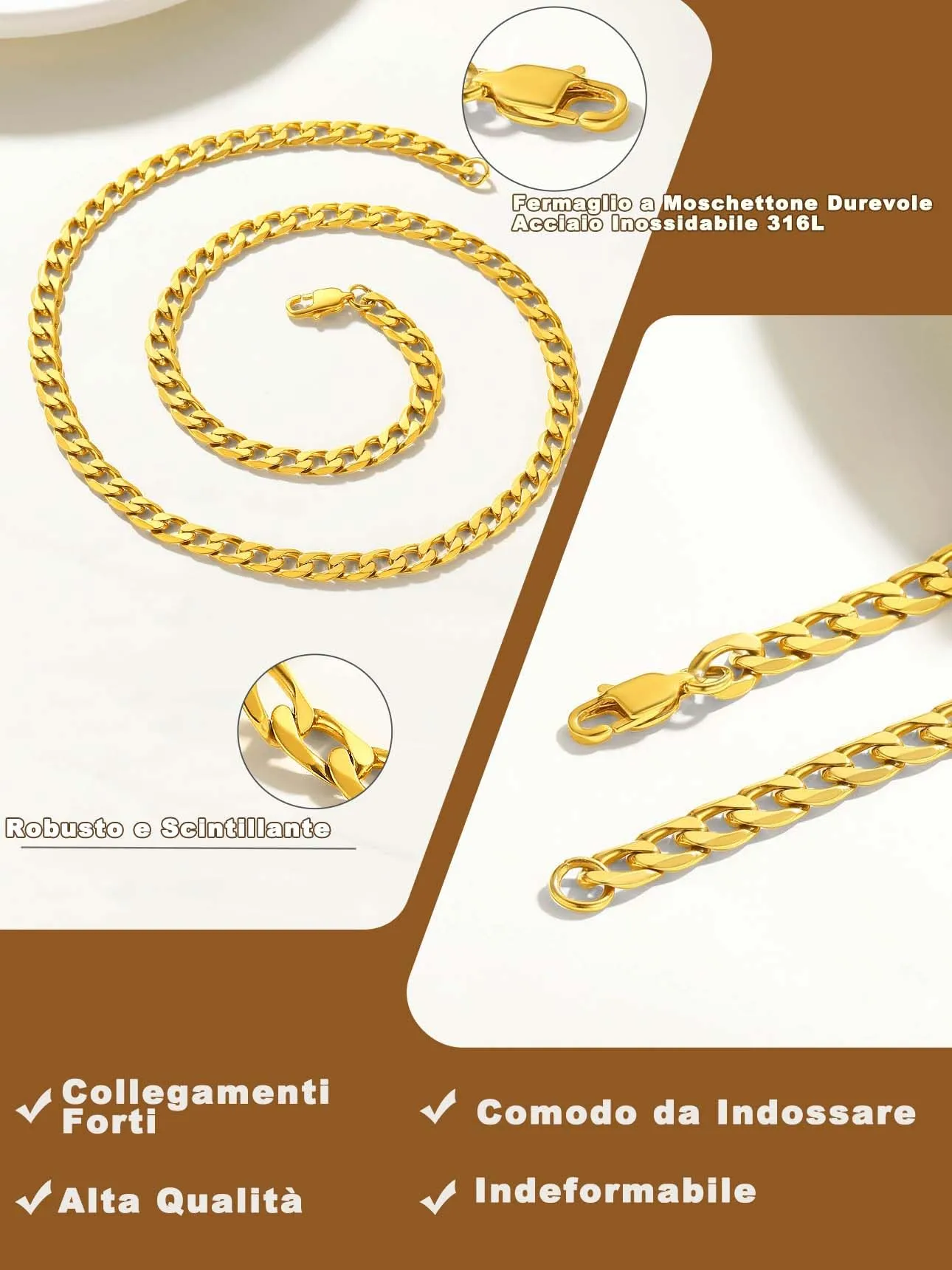 Suplight Collana Uomo Catena a Maglia Cubana Miami Curb in Acciaio Inossidabile Placcato Oro 18K, 6 mm, 51 cm - immagine 4