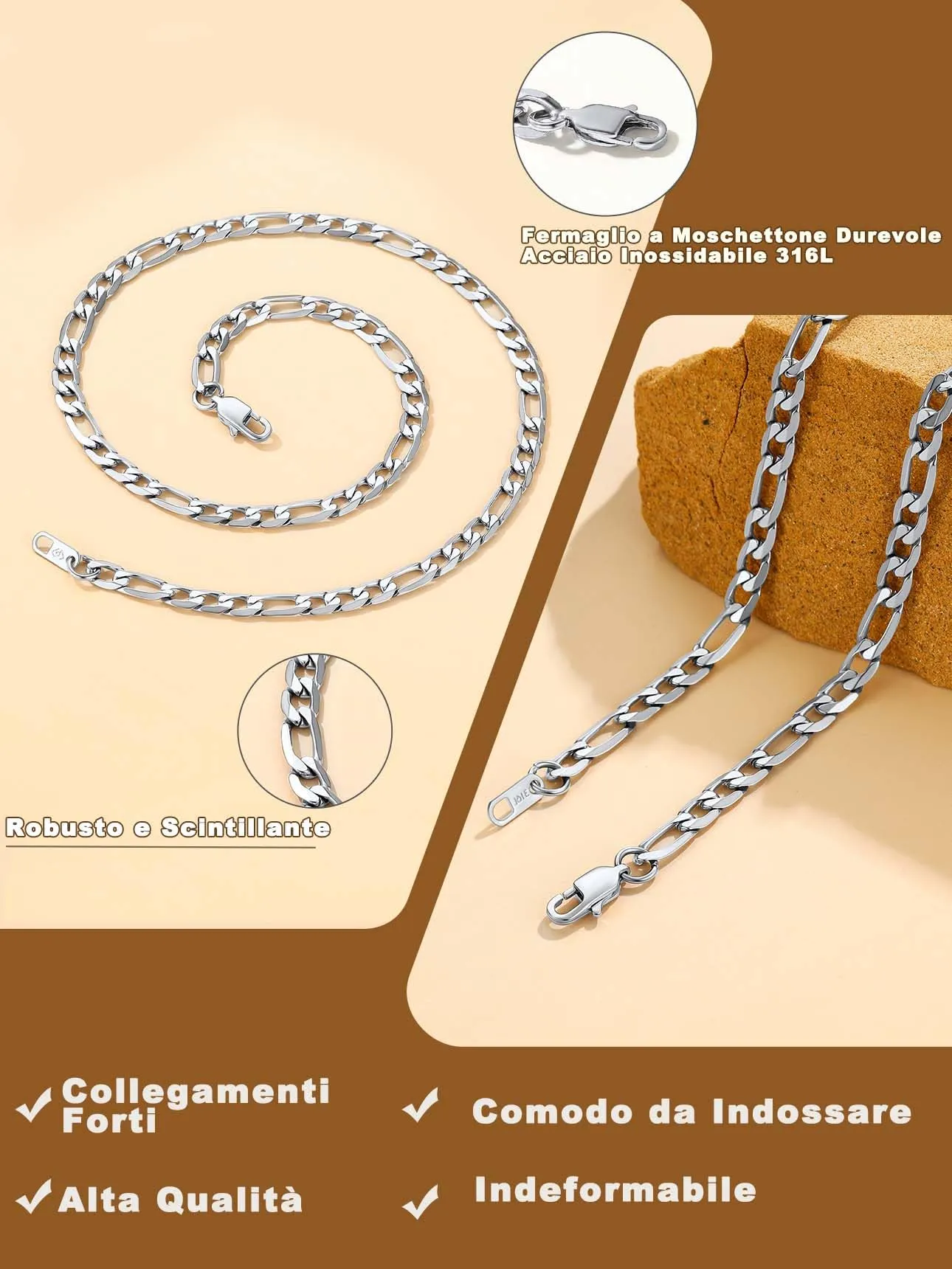 Suplight Collana a Catena Figaro in Acciaio Inossidabile, 9 mm, 56 cm - immagine 4