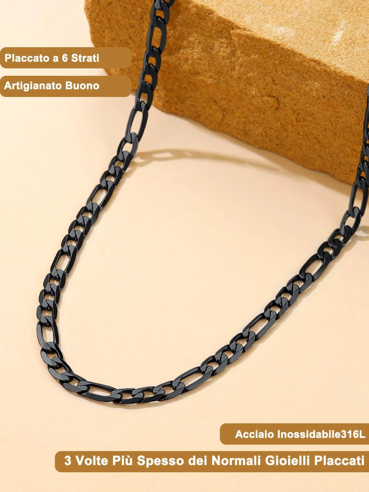 Suplight Collana a Catena Figaro Uomo, Acciaio Inossidabile Placcato Nero, 9 mm, 61 cm - immagine 5