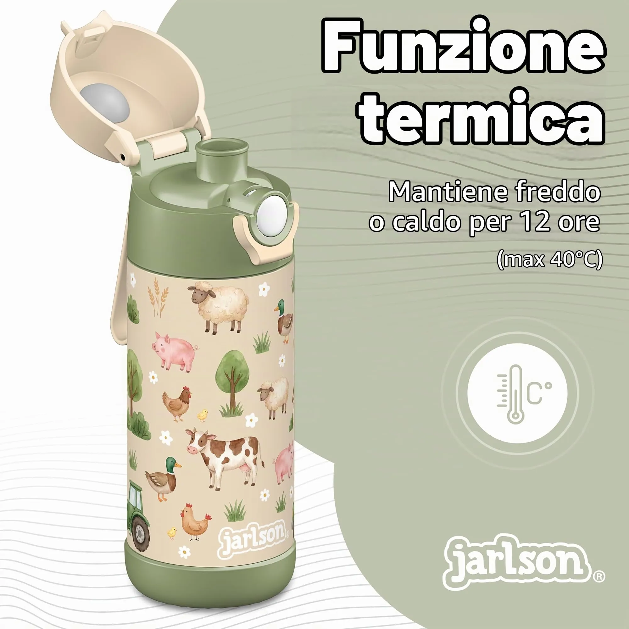Jarlson Borraccia Termica Bambini Mali, Acciaio Inox, 350 ml, Fattoria - immagine 2