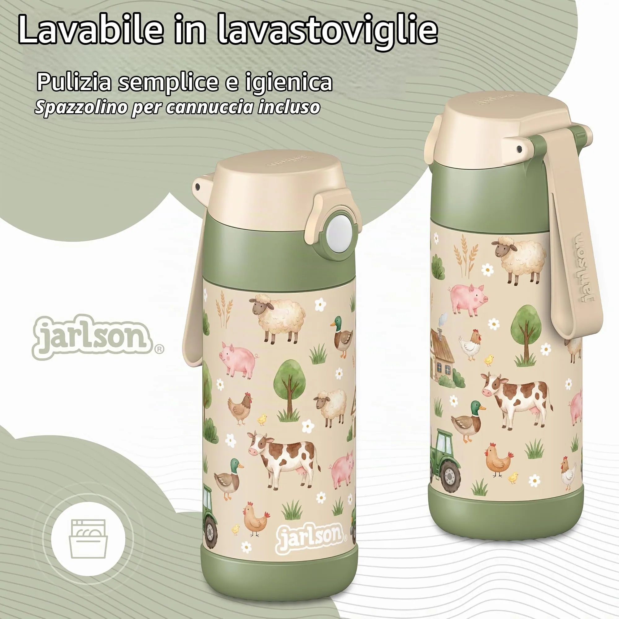 Jarlson Borraccia Termica Bambini Mali, Acciaio Inox, 350 ml, Fattoria - immagine 3