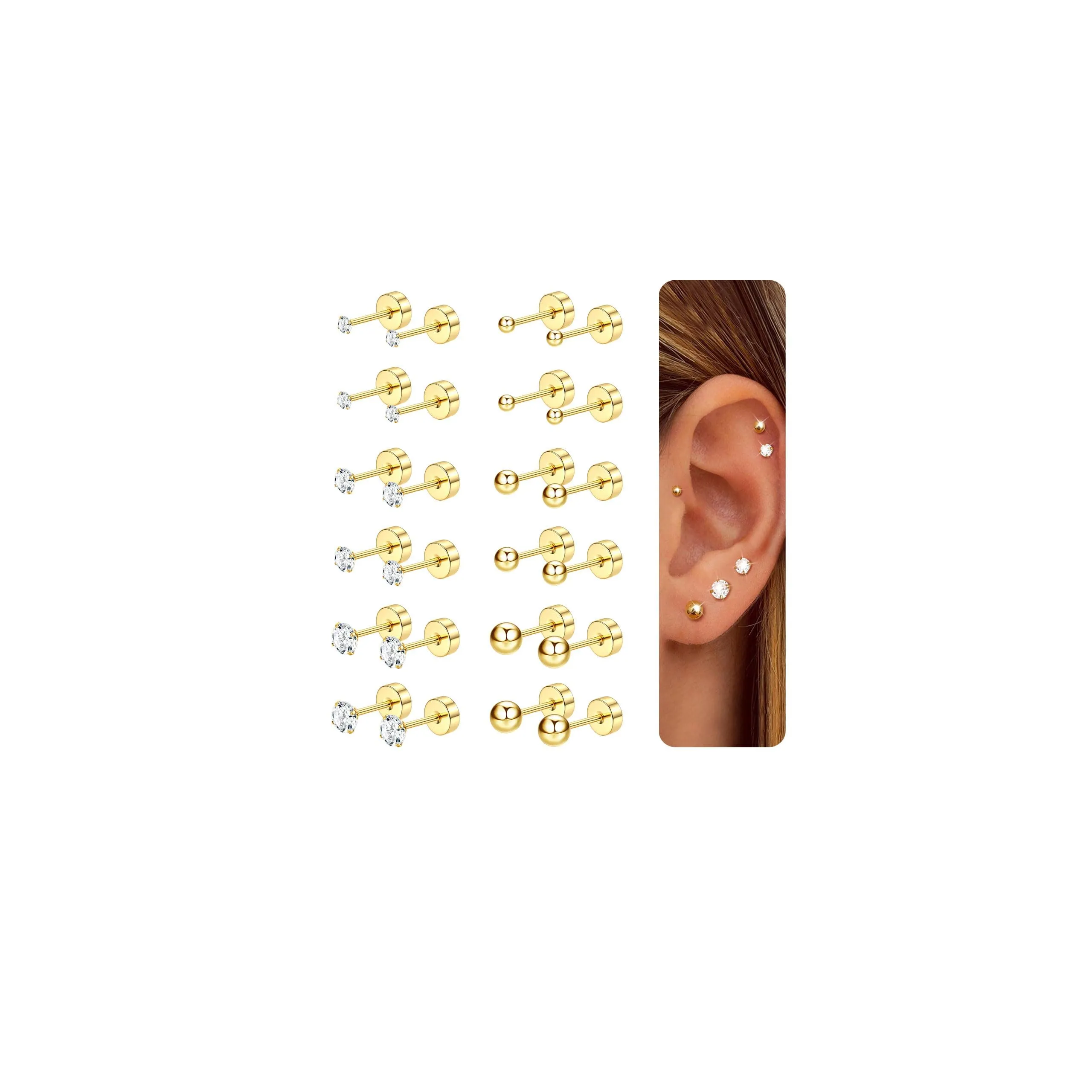 CASSIECA Set 12 Paia Orecchini Acciaio Chirurgico 316L con CZ 2/3/4mm per Donna Uomo, Piercing Cartilagine Trago Helix - immagine 1