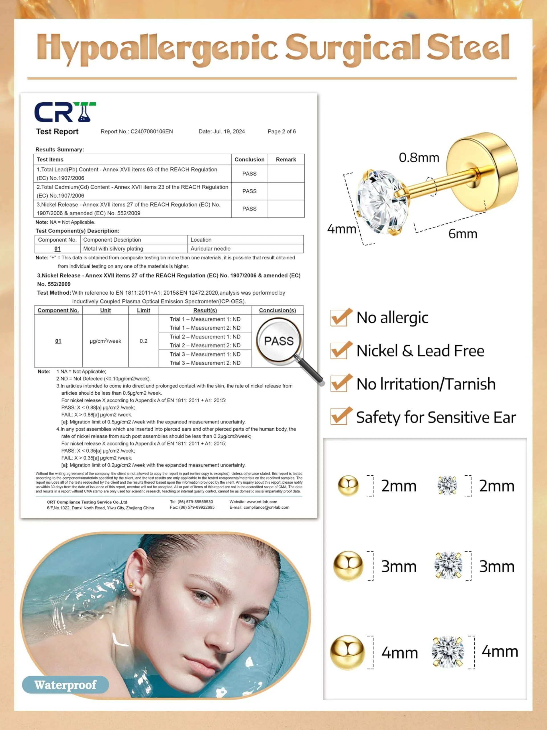 CASSIECA Set 12 Paia Orecchini Acciaio Chirurgico 316L con CZ 2/3/4mm per Donna Uomo, Piercing Cartilagine Trago Helix - immagine 2