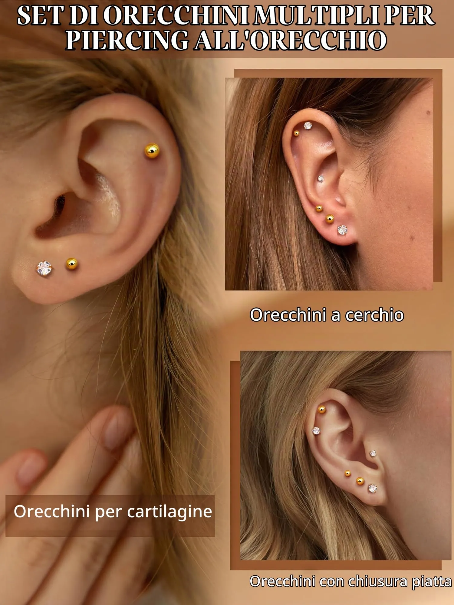 CASSIECA Set 12 Paia Orecchini Acciaio Chirurgico 316L con CZ 2/3/4mm per Donna Uomo, Piercing Cartilagine Trago Helix - immagine 4