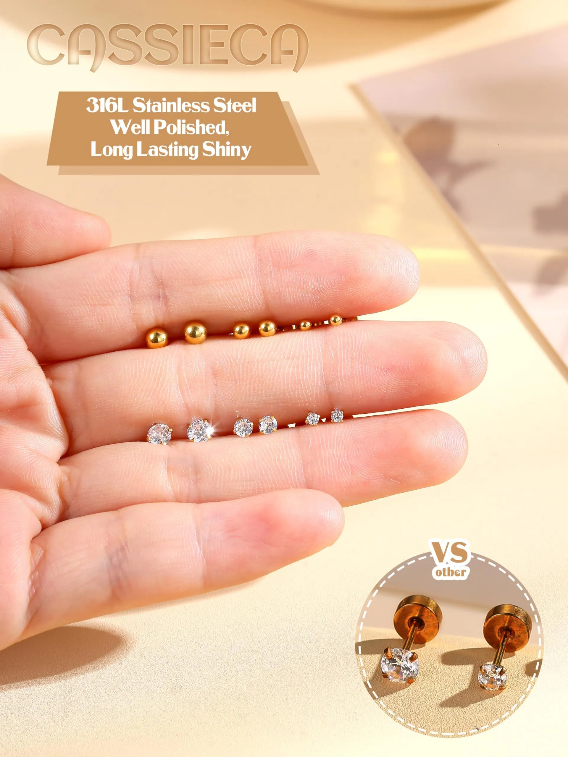 CASSIECA Set 12 Paia Orecchini Acciaio Chirurgico 316L con CZ 2/3/4mm per Donna Uomo, Piercing Cartilagine Trago Helix - immagine 5