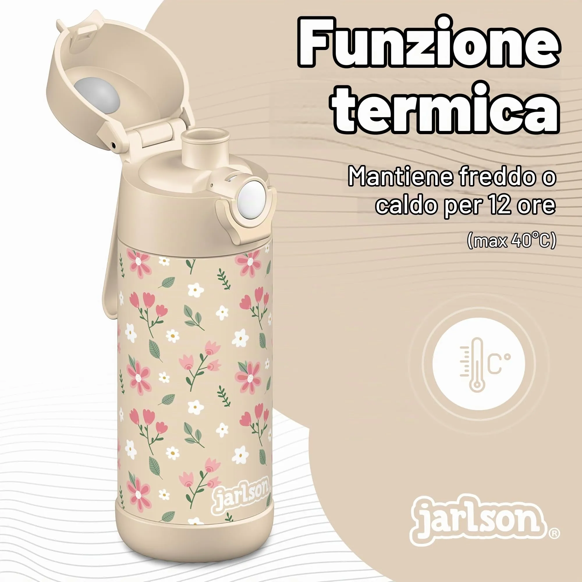 Jarlson Borraccia Termica Bambini Mali, Acciaio Inox, 350ml, Fiori - immagine 2