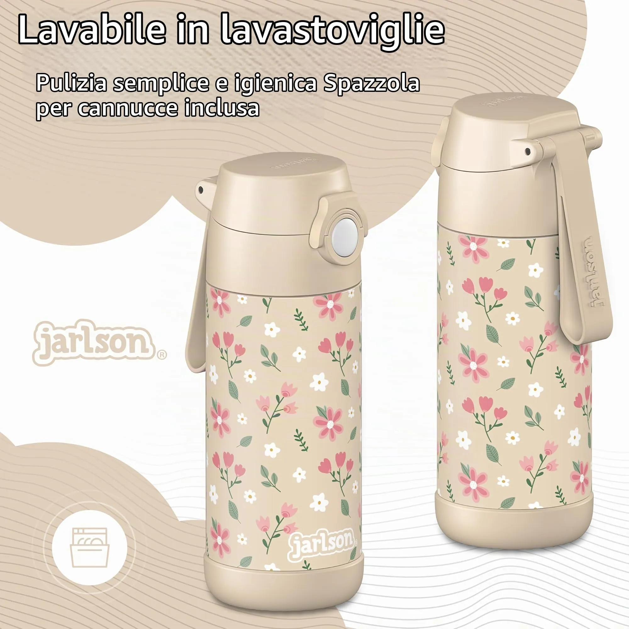 Jarlson Borraccia Termica Bambini Mali, Acciaio Inox, 350ml, Fiori - immagine 3