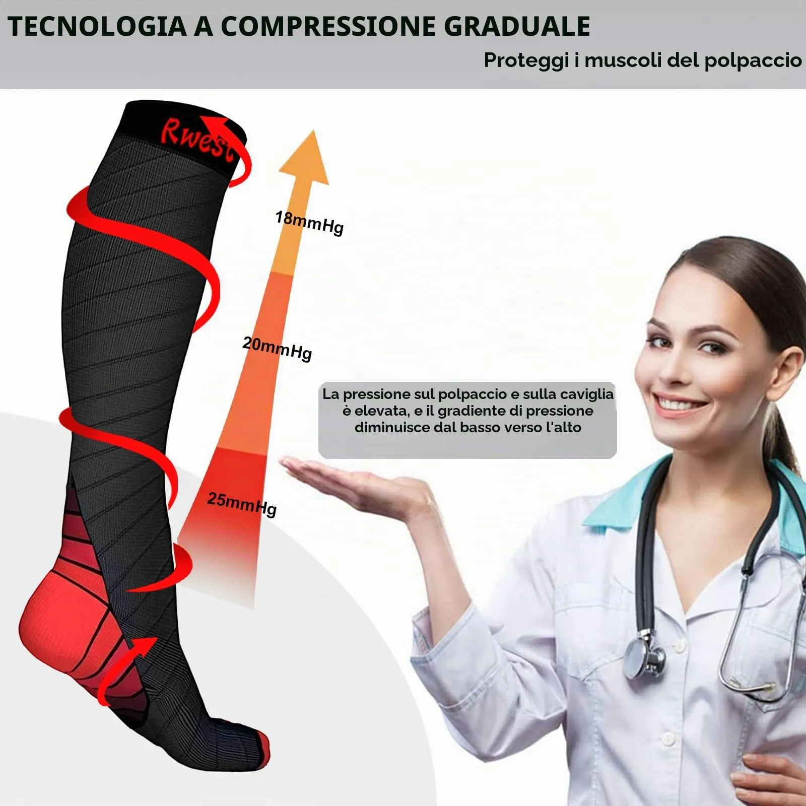 Rwest X Calze a Compressione Graduata per Donna e Uomo, Sport, Corsa, Escursioni, Ciclismo e Viaggi, Nero & Rosso Scuro, 40-43 - immagine 2