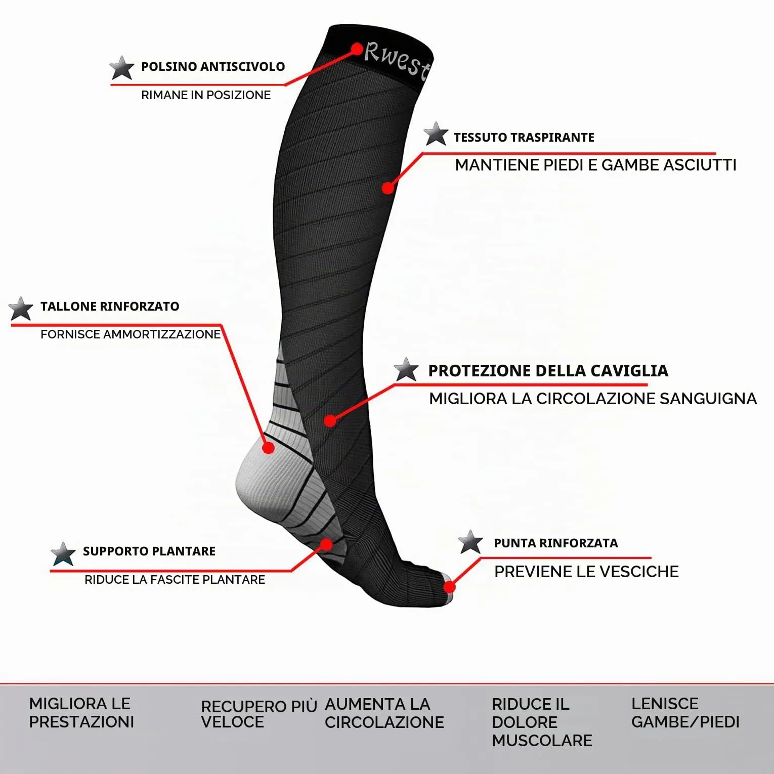 Rwest X Calze a Compressione Graduata per Donna e Uomo, Sport, Corsa, Escursioni, Ciclismo e Viaggi - immagine 5