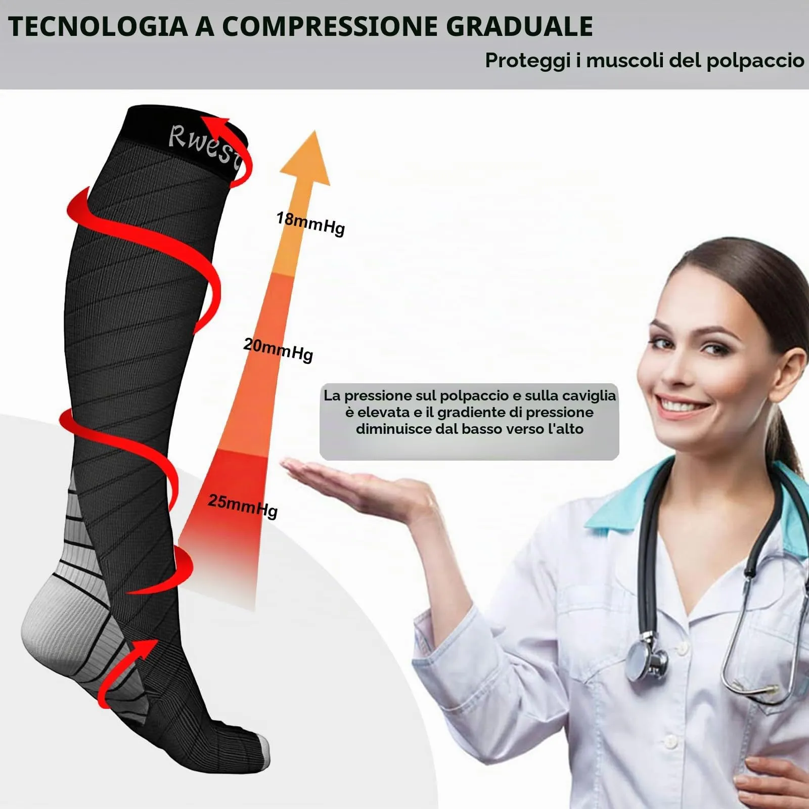 Rwest X Calze a Compressione Graduata per Donna e Uomo, Sport, Corsa, Escursioni, Bici e Viaggi - immagine 3