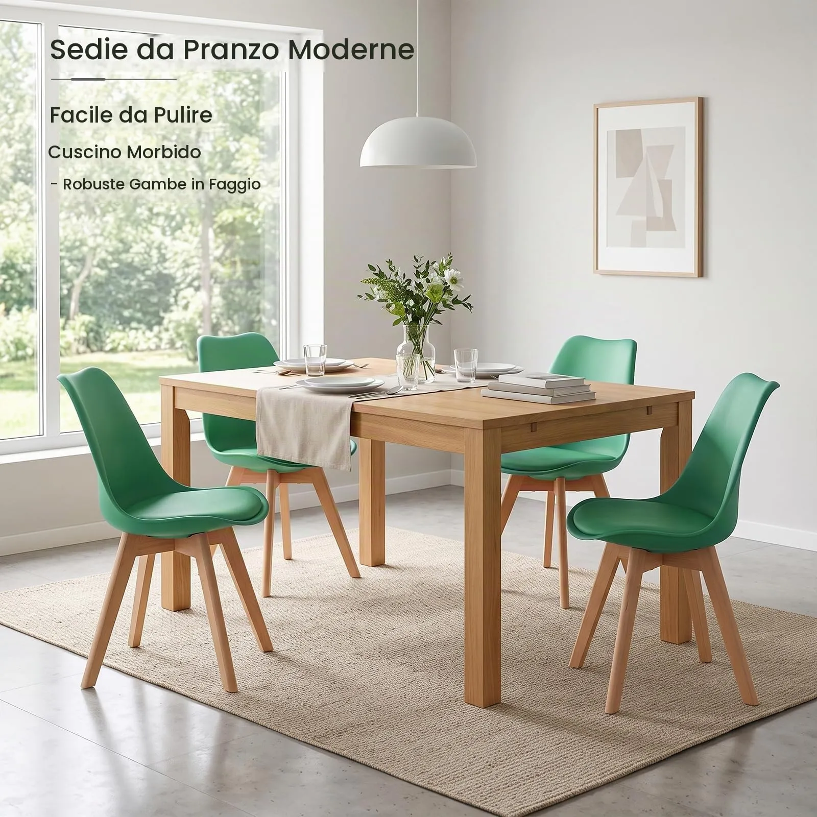 EGGREE Set di 4 Sedie da Pranzo in Pelle PU e Legno, Lago Verde - immagine 4