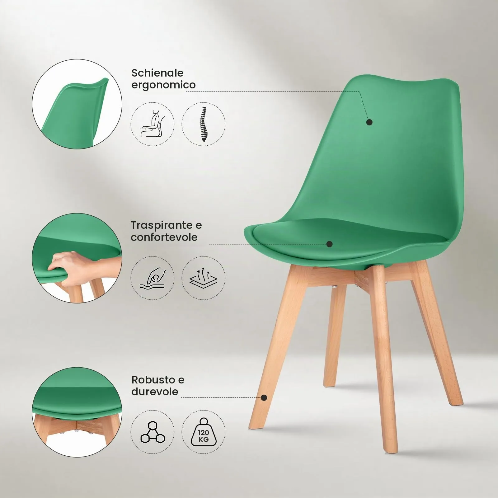 EGGREE Set di 4 Sedie da Pranzo in Pelle PU e Legno, Lago Verde - immagine 6