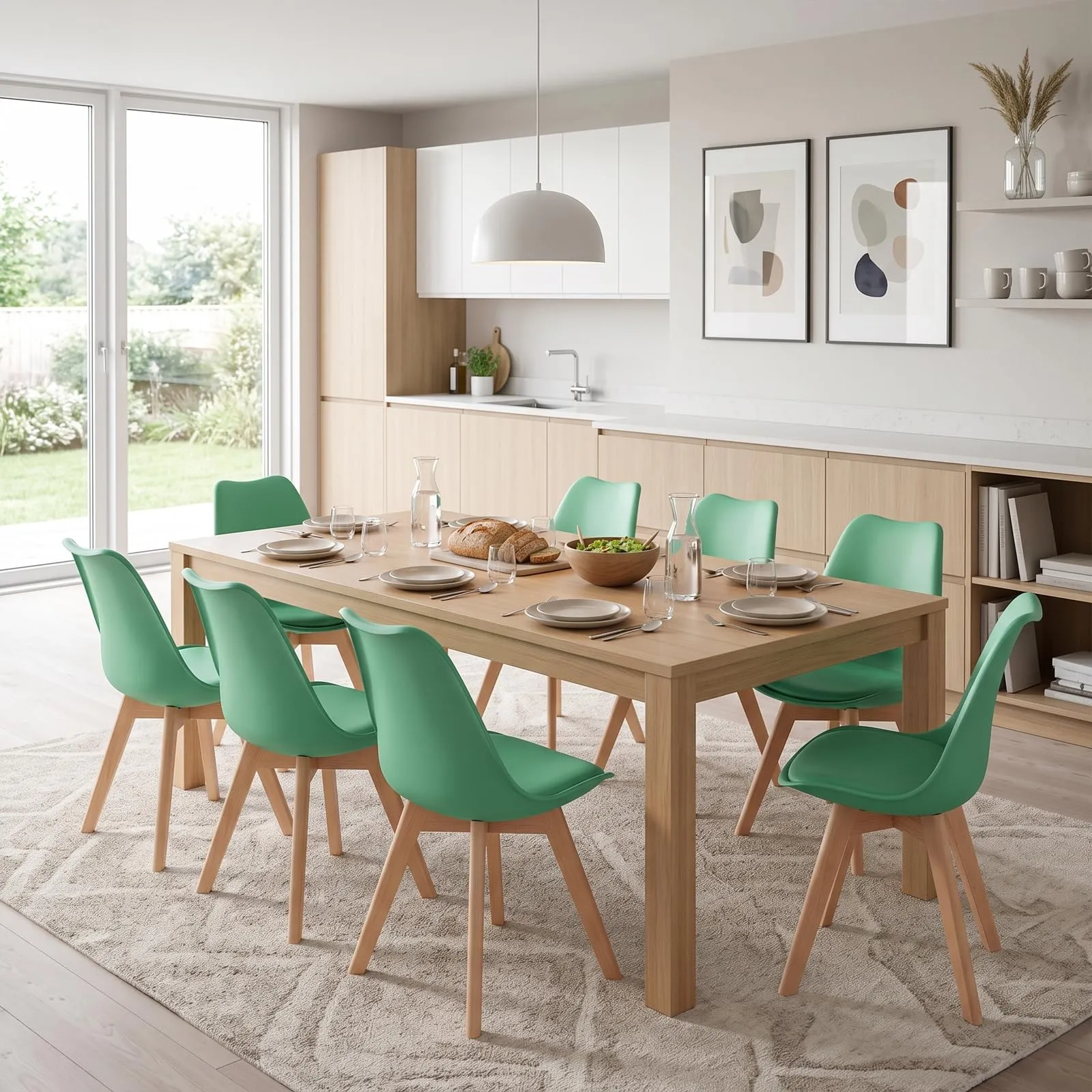 EGGREE Set di 8 Sedie da Pranzo in Pelle PU e Legno, Lago Verde - immagine 2