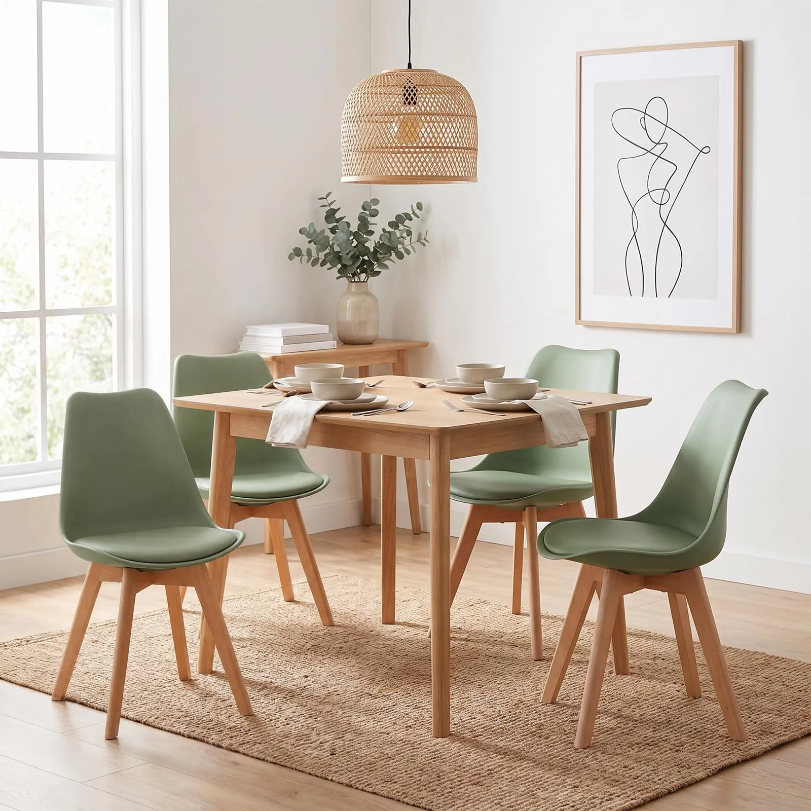 EGGREE Set di 4 Sedie da Pranzo e Cucina in Pelle PU e Legno di Faggio, Verde Salvia - immagine 2