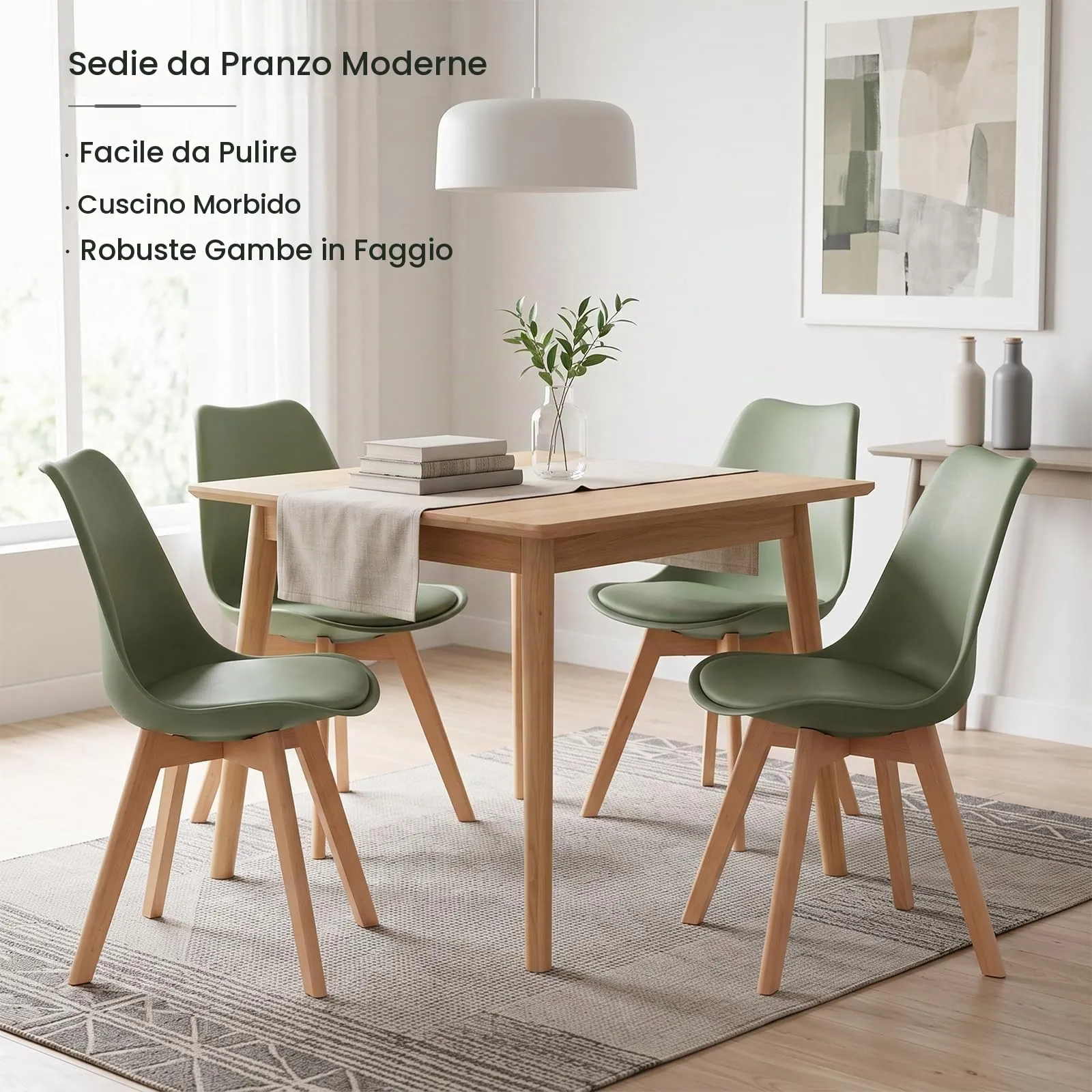 EGGREE Set di 4 Sedie da Pranzo e Cucina in Pelle PU e Legno di Faggio, Verde Salvia - immagine 4