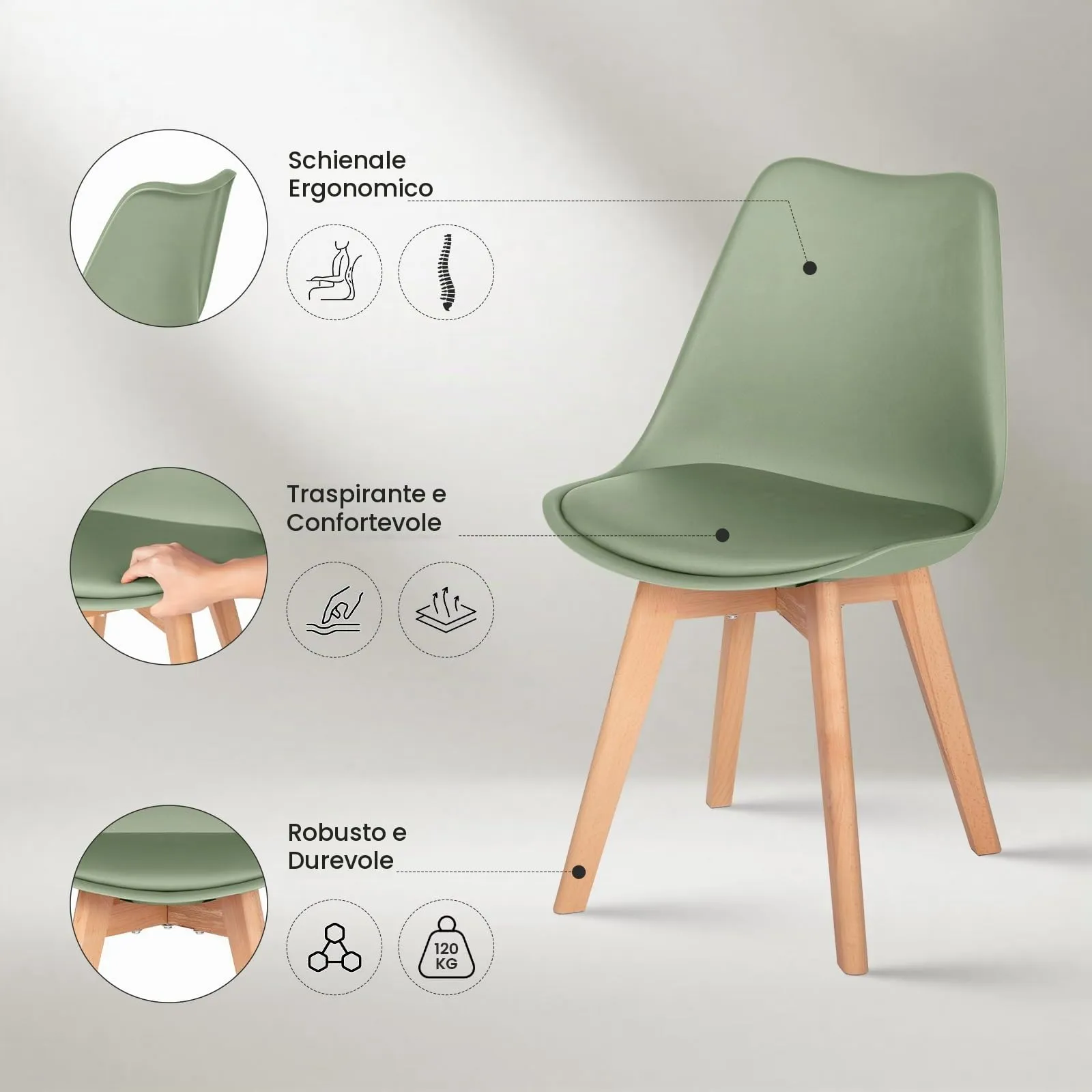 EGGREE Set di 4 Sedie da Pranzo e Cucina in Pelle PU e Legno di Faggio, Verde Salvia - immagine 6