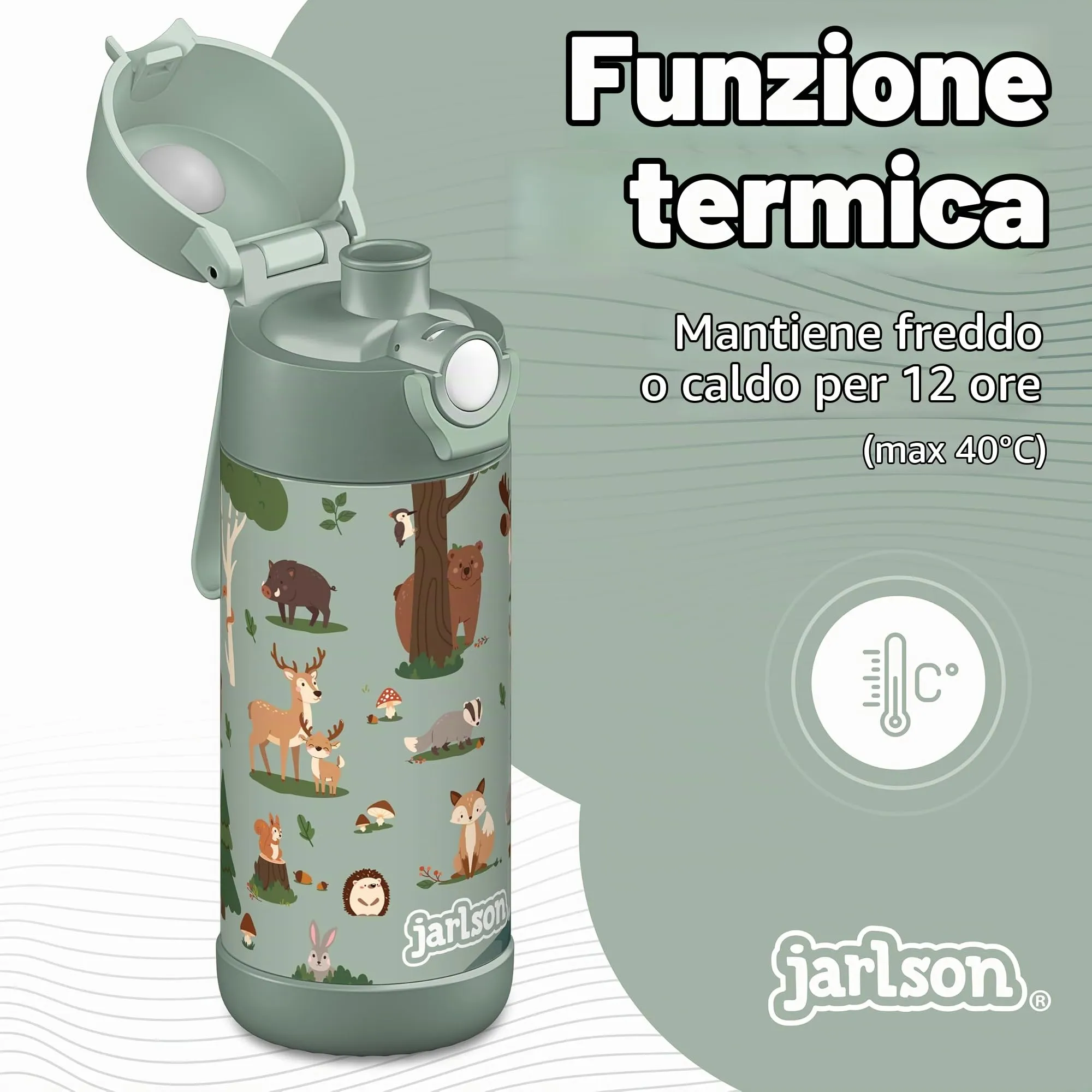 Jarlson Borraccia Termica Bambini Mali, 350ml, Acciaio Inox, Animali della foresta - immagine 2