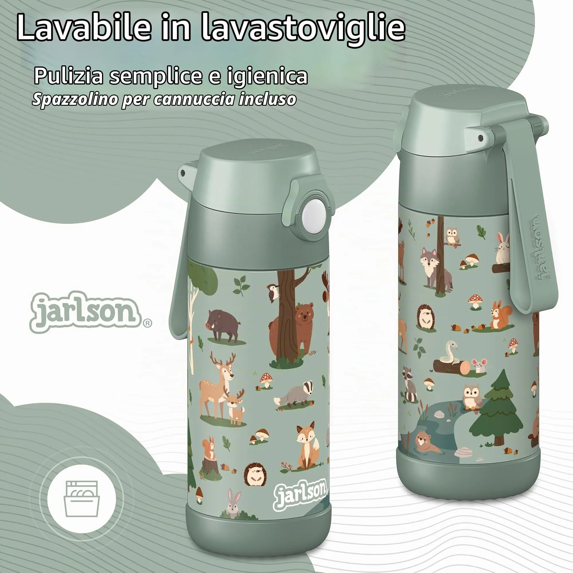 Jarlson Borraccia Termica Bambini Mali, 350ml, Acciaio Inox, Animali della foresta - immagine 3