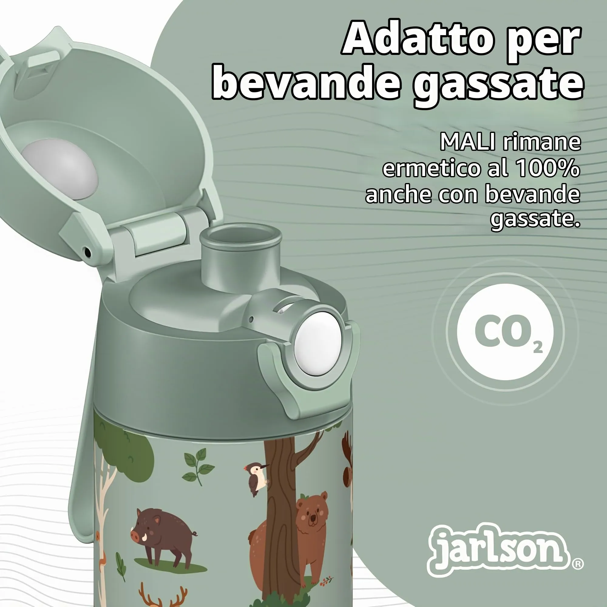 Jarlson Borraccia Termica Bambini Mali, 350ml, Acciaio Inox, Animali della foresta - immagine 4