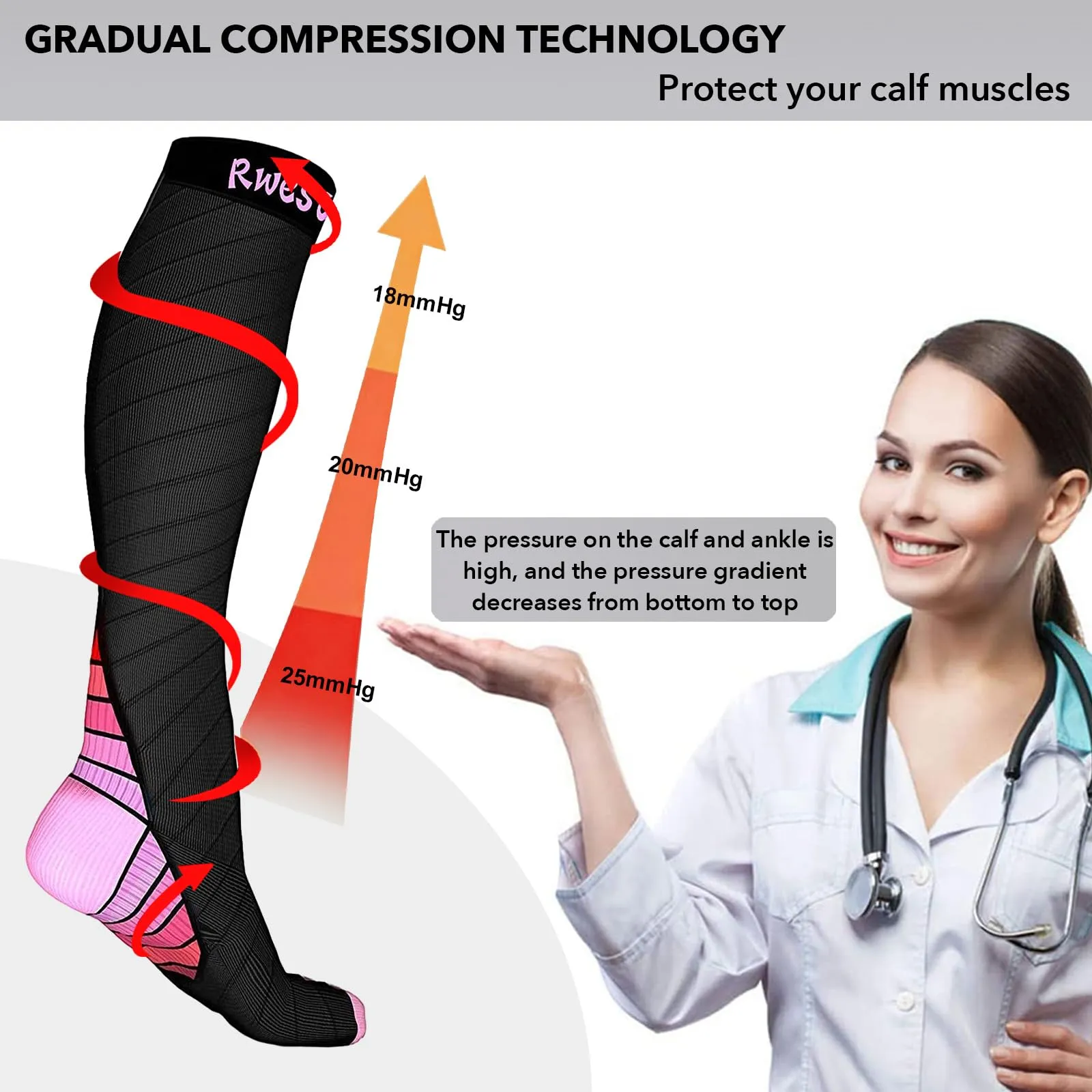 Rwest X Calze a Compressione Graduata per Donna e Uomo, Sport, Corsa, Escursioni, Bici e Viaggi, Nero & Rosso, 40-43 - immagine 2