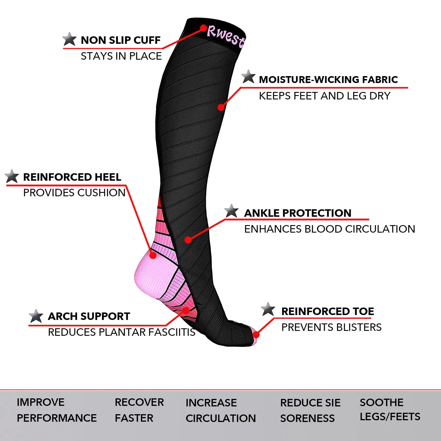 Rwest X Calze a Compressione Graduata per Donna e Uomo, Sport, Corsa, Escursioni, Bici e Viaggi, Nero & Rosso, 40-43 - immagine 4