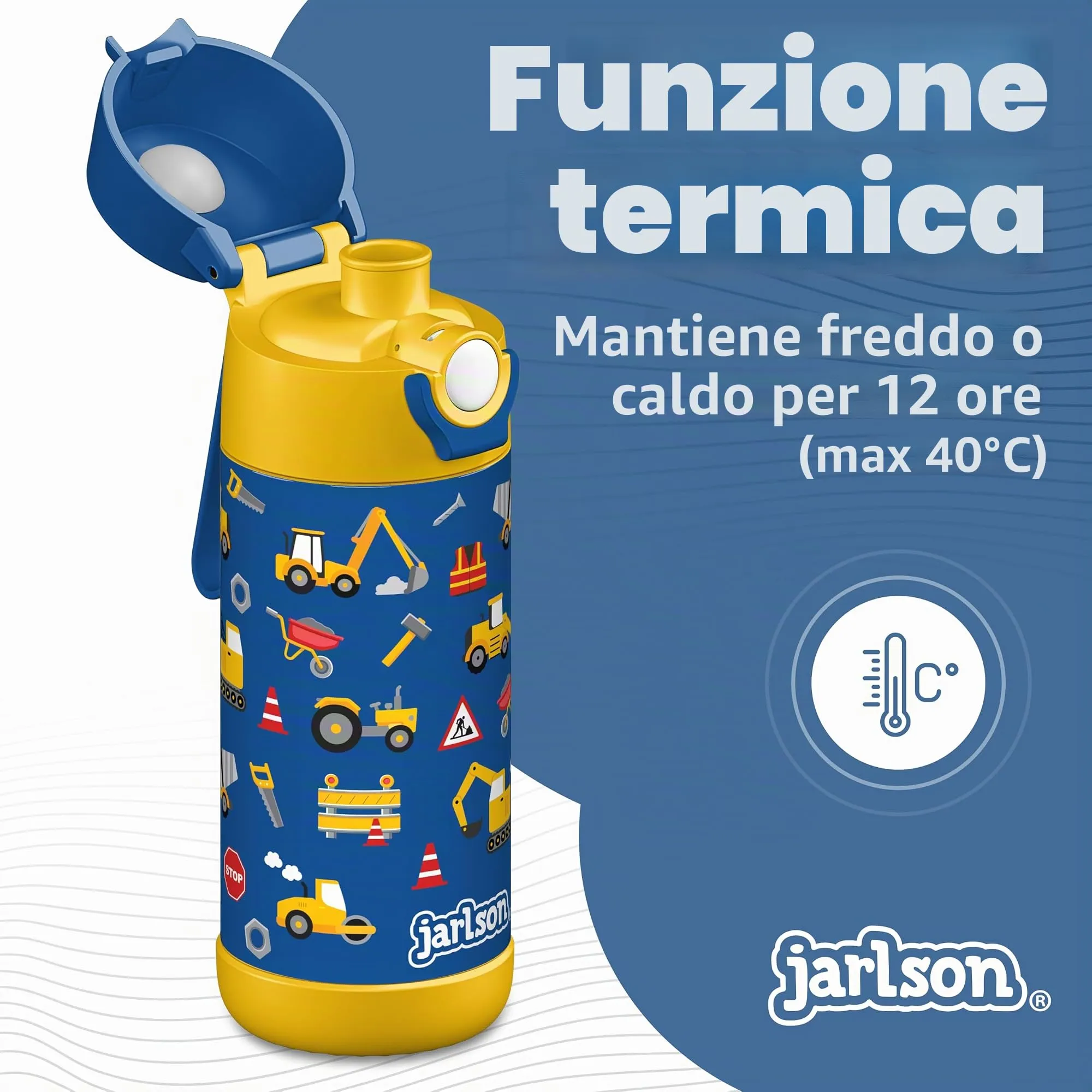 Jarlson Borraccia Termica Bambini Mali, Acciaio Inox, 350 ml, Cantiere - immagine 2