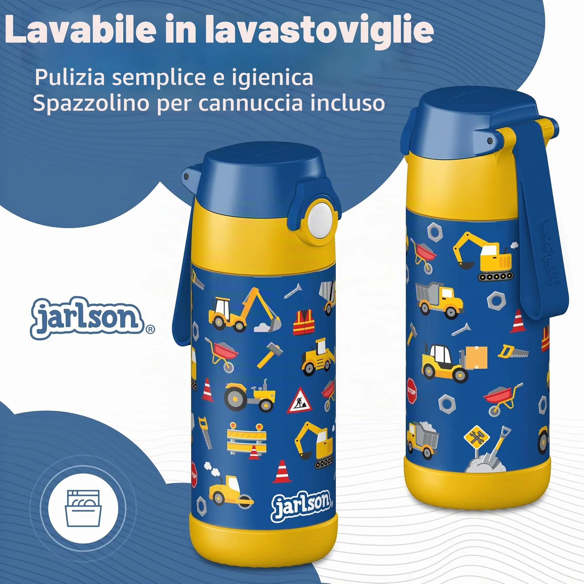 Jarlson Borraccia Termica Bambini Mali, Acciaio Inox, 350 ml, Cantiere - immagine 3