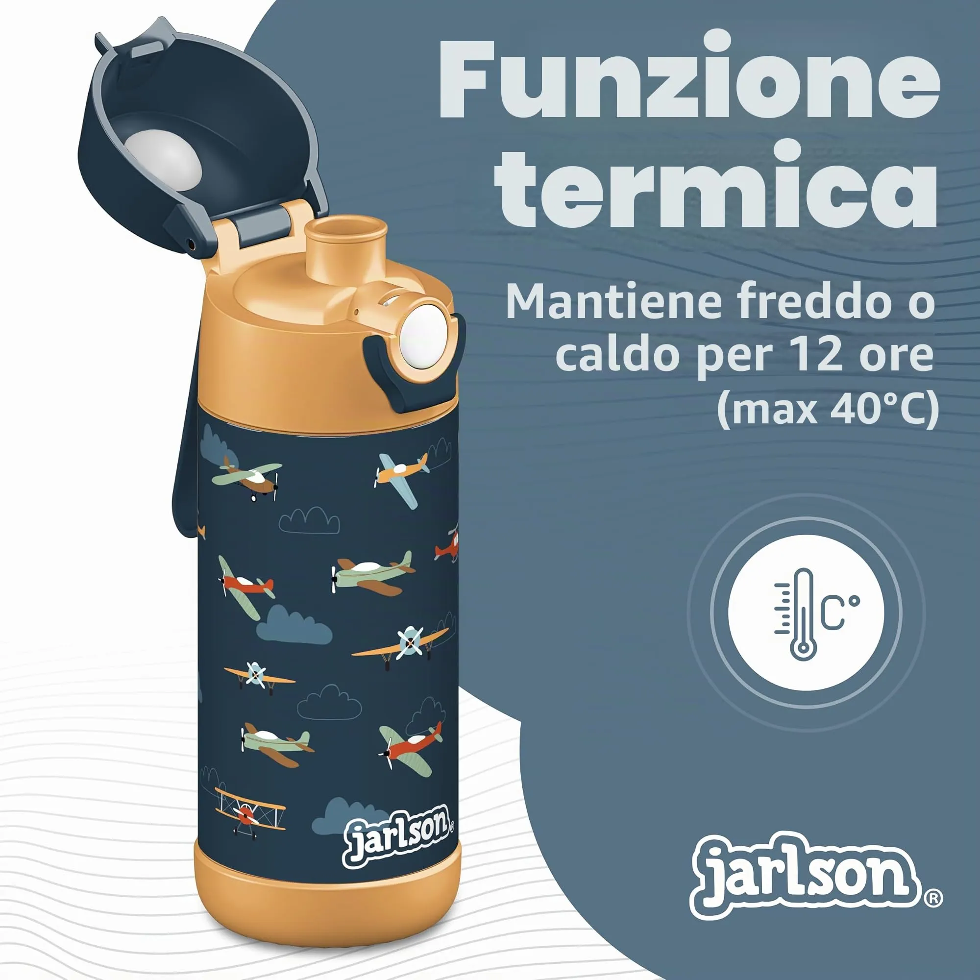Jarlson Borraccia Termica Bambini Mali, Acciaio Inox, 350ml, Aerei - immagine 2