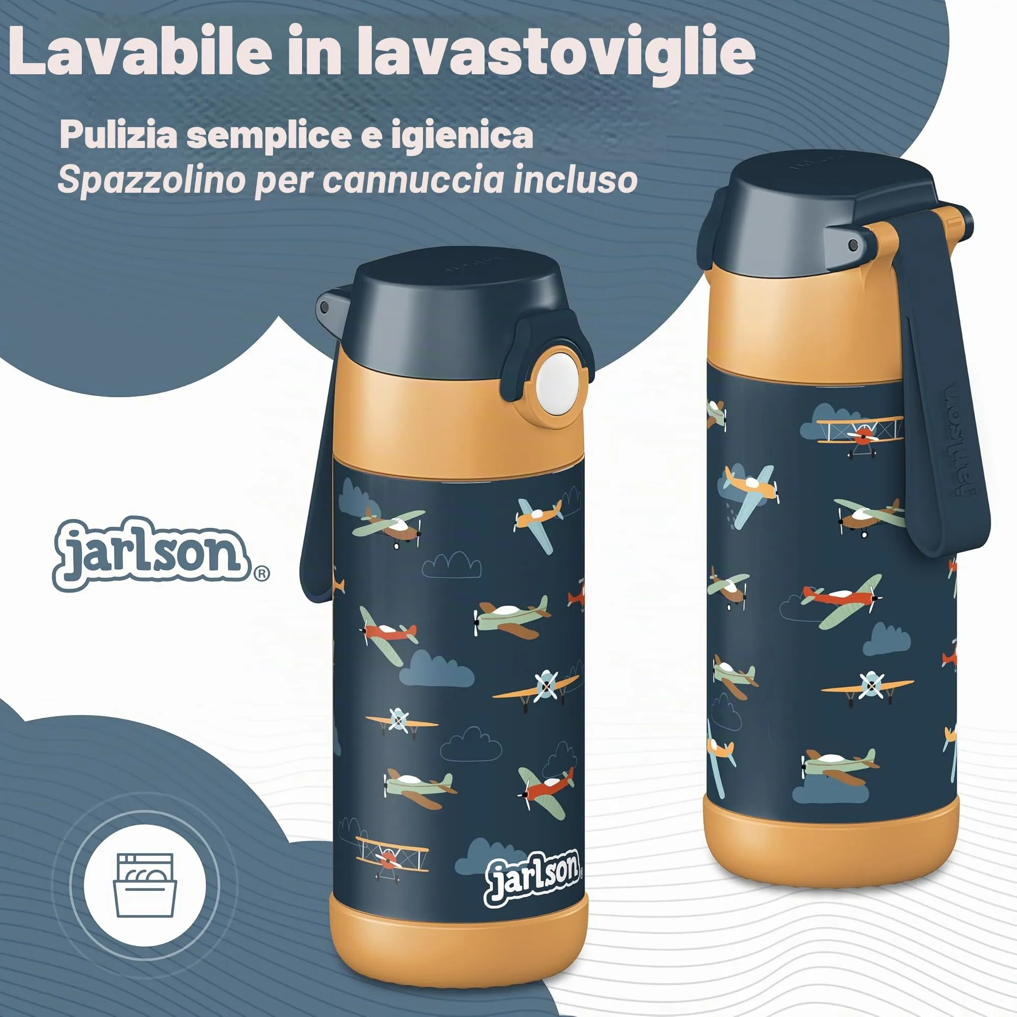 Jarlson Borraccia Termica Bambini Mali, Acciaio Inox, 350ml, Aerei - immagine 3