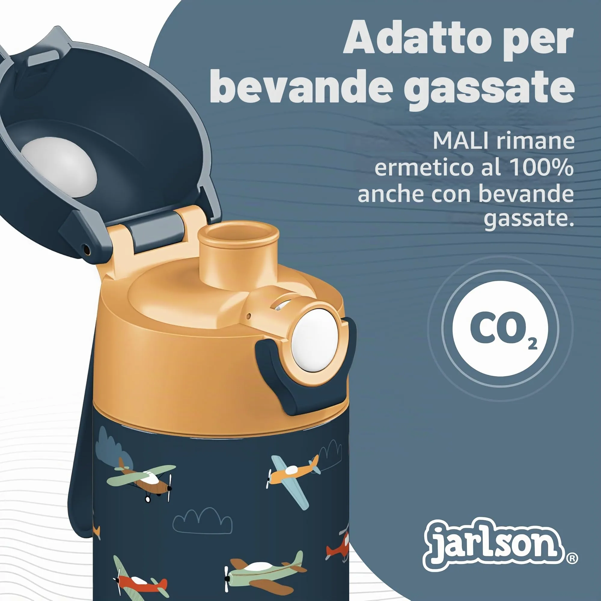 Jarlson Borraccia Termica Bambini Mali, Acciaio Inox, 350ml, Aerei - immagine 4