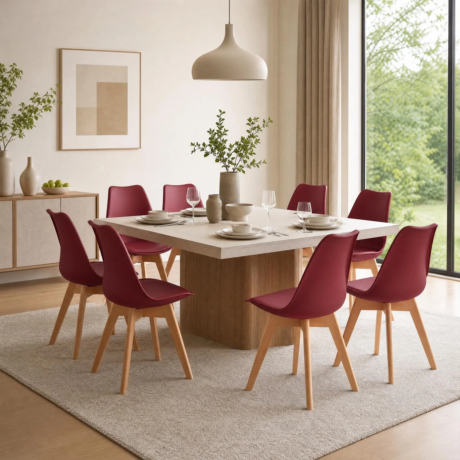 EGGREE Set di 8 Sedie da Pranzo in Pelle PU e Legno, Rosso Mattone - immagine 2