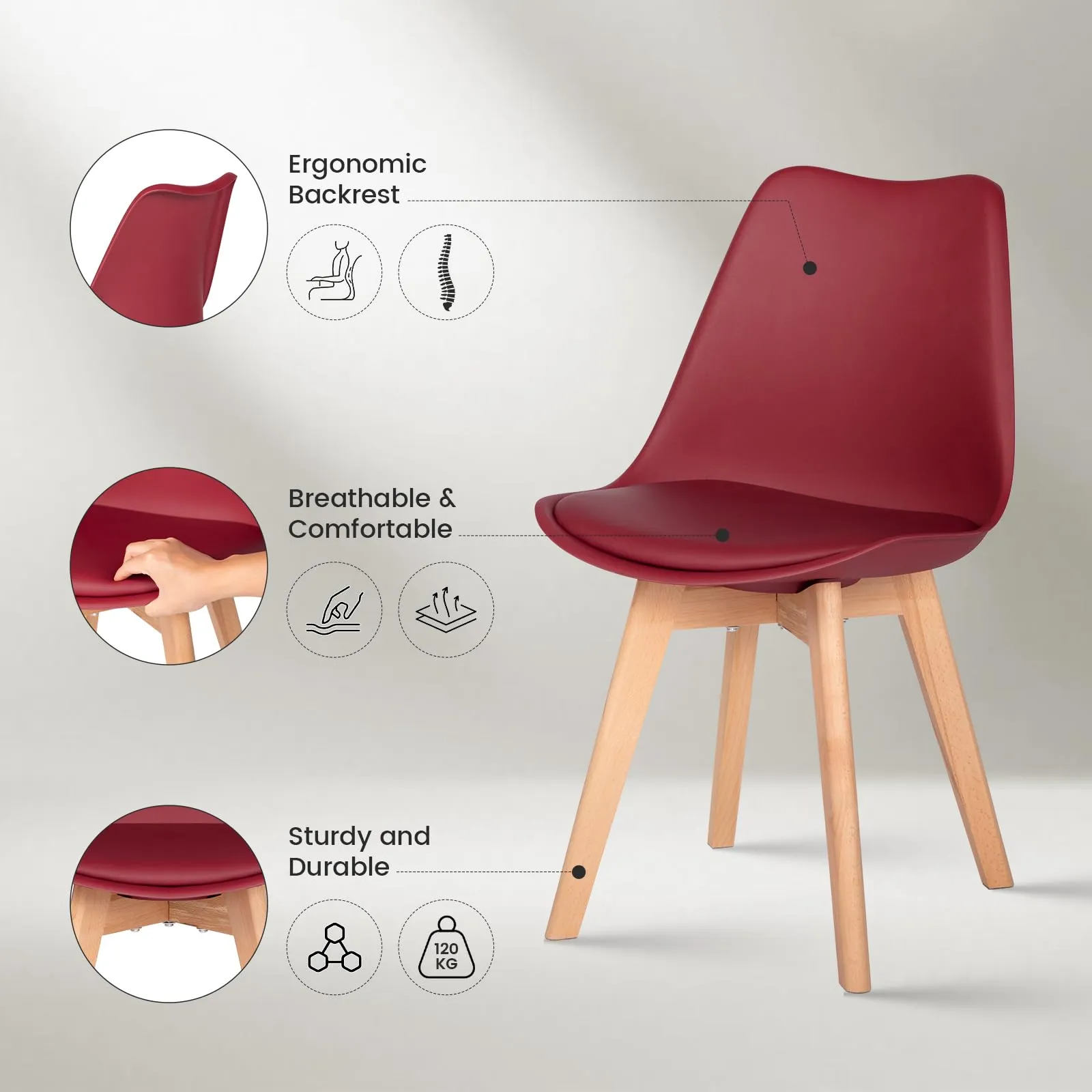 EGGREE Set di 8 Sedie da Pranzo in Pelle PU e Legno, Rosso Mattone - immagine 6