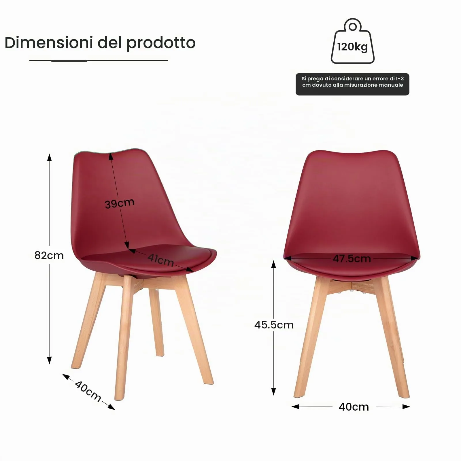 EGGREE Set di 4 Sedie da Pranzo in Pelle PU e Legno, Rosso mattone - immagine 3