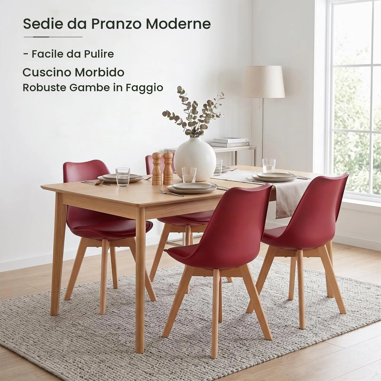 EGGREE Set di 4 Sedie da Pranzo in Pelle PU e Legno, Rosso mattone - immagine 4