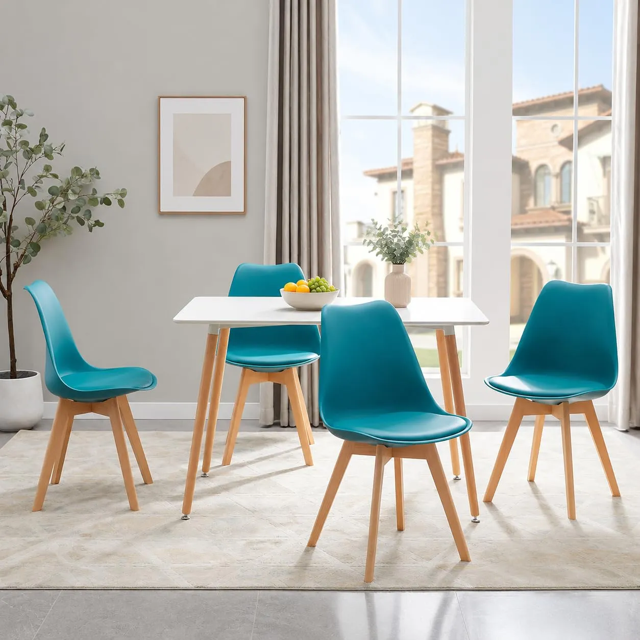 EGGREE Set di 4 Sedie da Pranzo e Cucina in Pelle PU e Legno di Faggio, Turchese - immagine 2