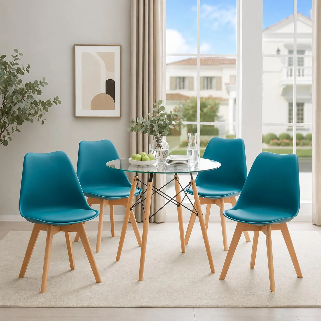 EGGREE Set di 4 Sedie da Pranzo e Cucina in Pelle PU e Legno di Faggio, Turchese - immagine 5