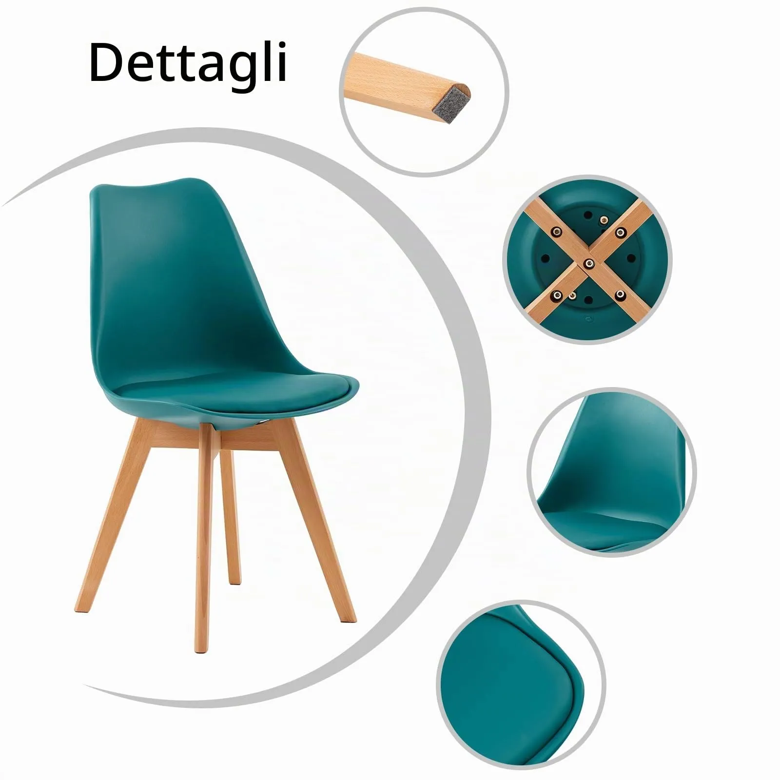 EGGREE Set di 4 Sedie da Pranzo e Cucina in Pelle PU e Legno di Faggio, Turchese - immagine 7