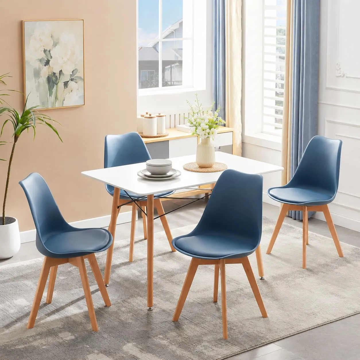 EGGREE Set di 4 Sedie da Pranzo e Cucina in Pelle PU e Legno di Faggio, Morandi Blu Scuro - immagine 6