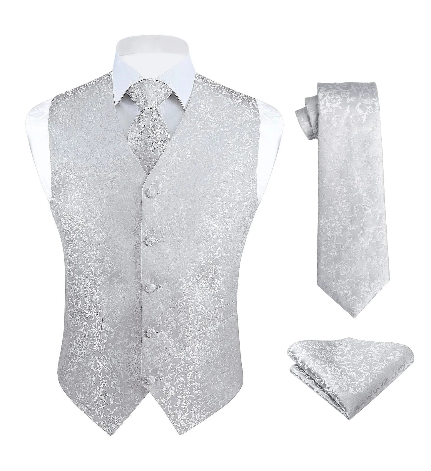 HISDERN Gilet da uomo in tessuto jacquard con motivo Paisley, cravatta e fazzoletto da tasca, XXL - immagine 1