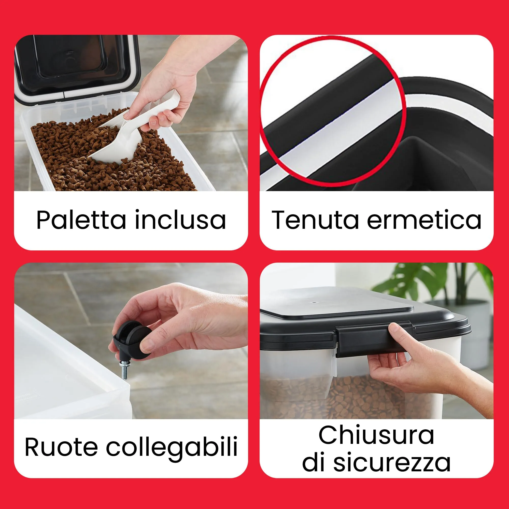 Iris Ohyama Contenitore per Crocchette Ermetico 20L/7.5kg con Ruote e Paletta, Nero, ATS-M - immagine 3