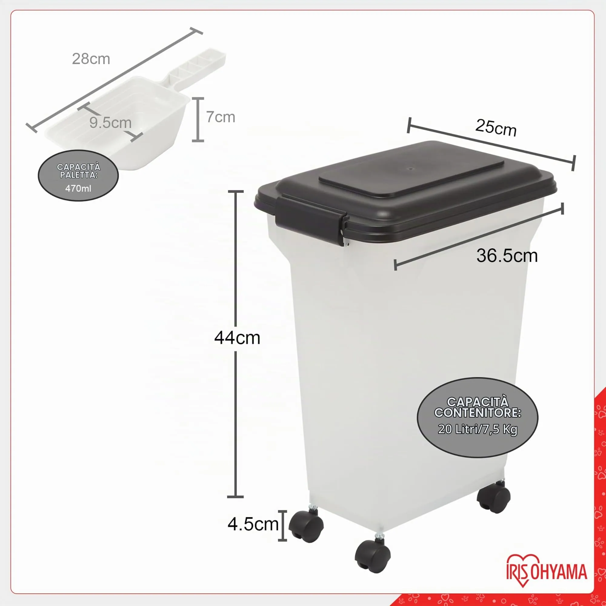 Iris Ohyama Contenitore per Crocchette Ermetico 20L/7.5kg con Ruote e Paletta, Nero, ATS-M - immagine 4
