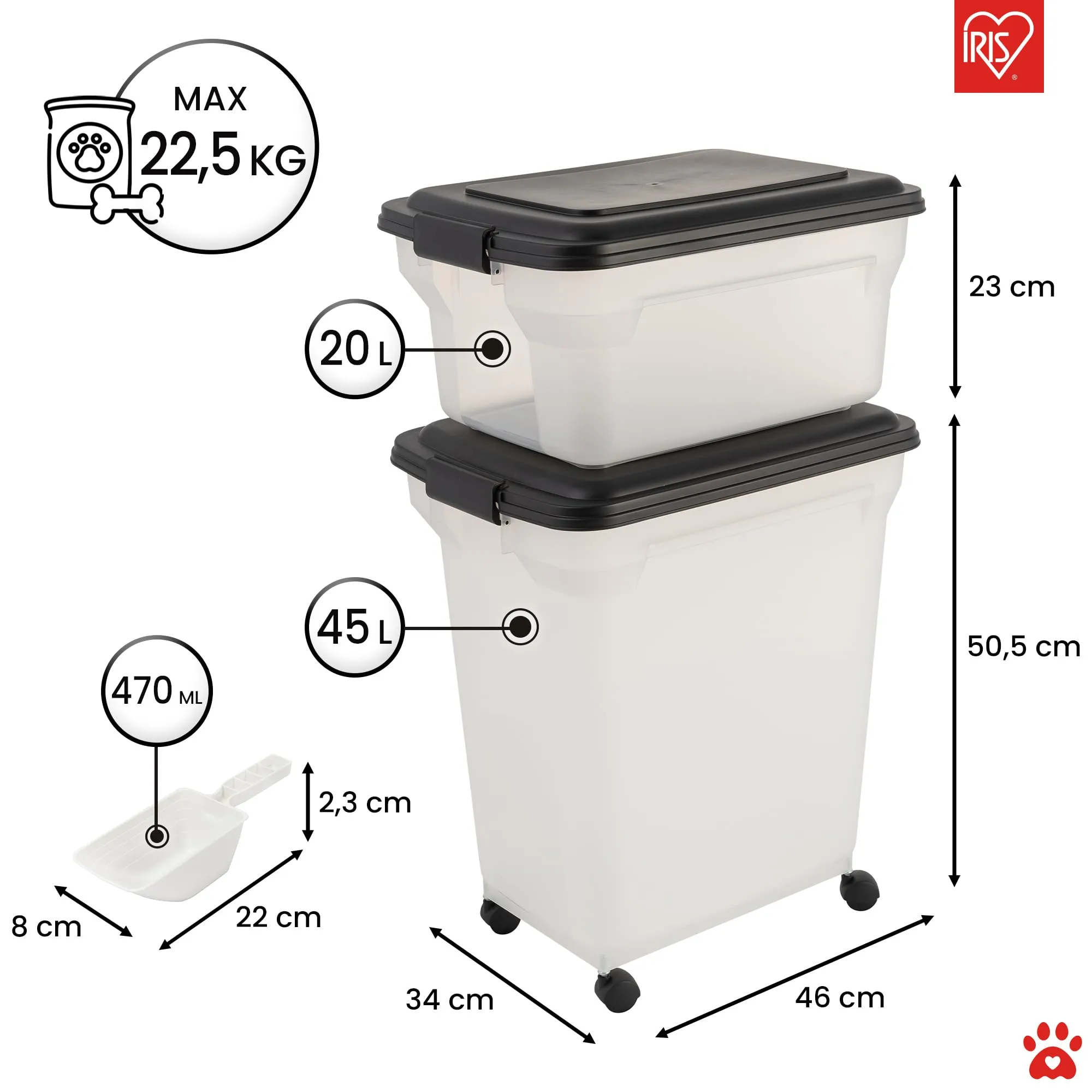 Iris Ohyama Contenitore per Crocchette 45L+20L Nero Ermetico con Ruote ATS-C - immagine 2