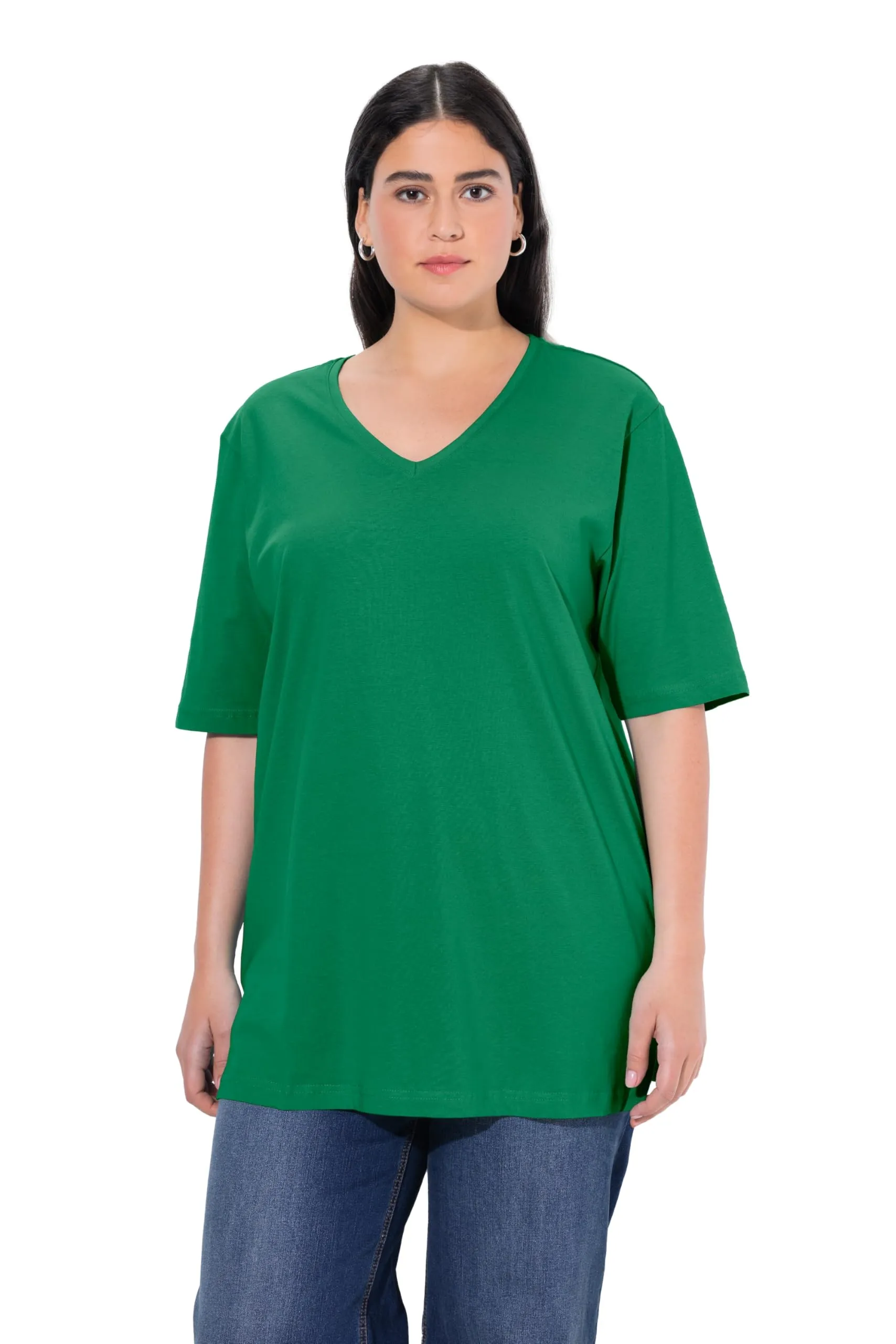 Ulla Popken Maglietta Basic Scollo a V Mezza Manica Donna, Verde Smeraldo, 52-54 - immagine 1